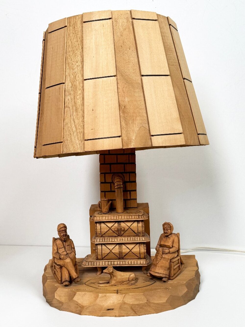 Vintage Wooden Folk Art Lamp. Hand Carved French Canadian Rustic Cabin Scene.